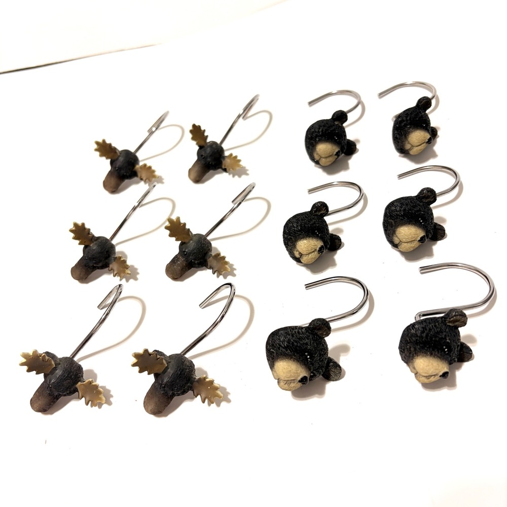 Rustic Bear and Moose Shower Curtain Hooks Set of 12 Cabin Lodge Decor